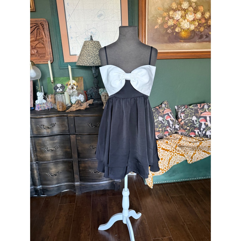 Altar'd State Black White Bow Mini Dress Adjustable Straps Tiered Ruffle Medium